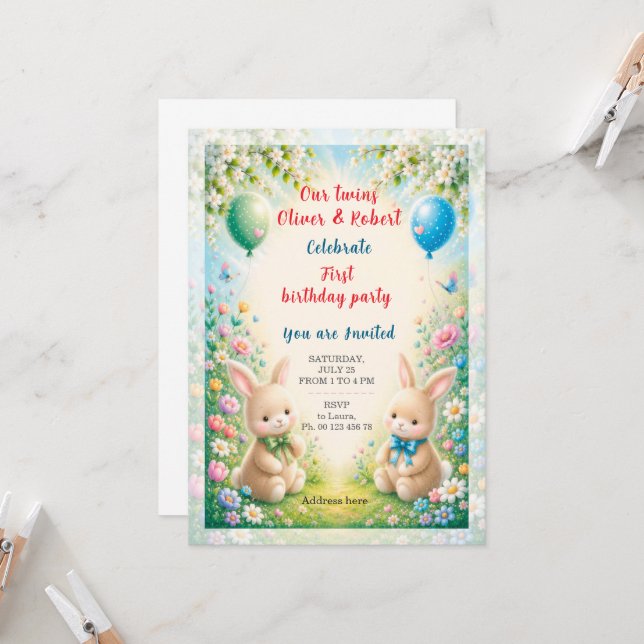 Twin boys birthday celebration invitation (Front/Back In Situ)