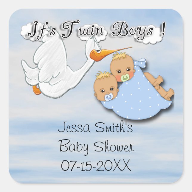 Twin Boys Blonde - Stork Baby Shower Favour sticke Square Sticker (Front)