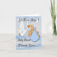 Twin Boys Blonde Stork Baby Shower Thank You Card
