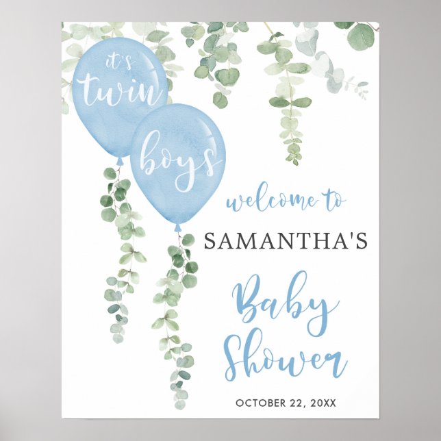 Twin boys Blue balloon baby shower welcome sign (Front)