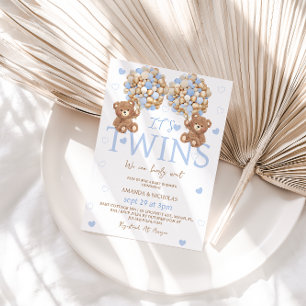 Twin Boys Blue Bear Balloon Baby Shower Invitation