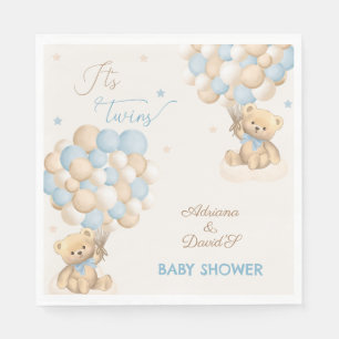 Twin Boys Blue Bear Balloons Baby Shower Napkin