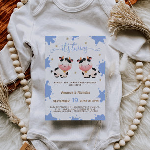 Twin Boys Blue Cow Baby Shower Boho Invitation