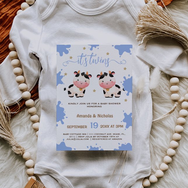 Twin Boys Blue Cow Baby Shower Boho Invitation (Creator Uploaded)
