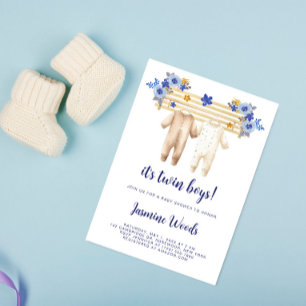 Twin Boys Blue Floral Boho Laundry Baby Shower   Invitation