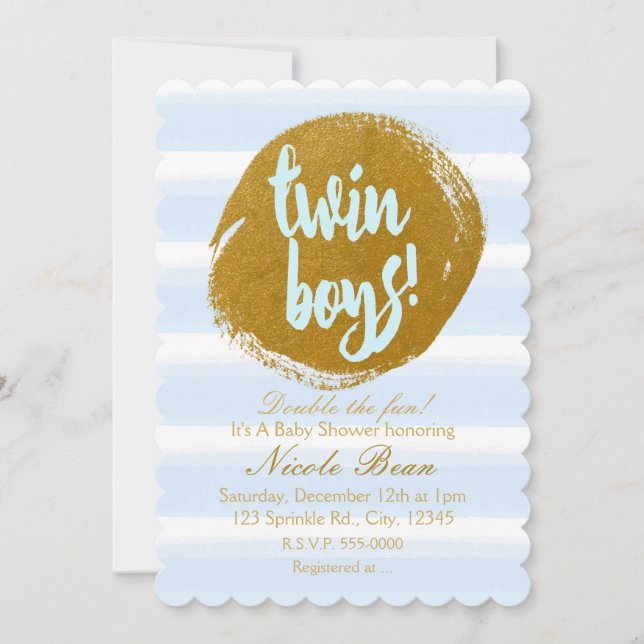 TWIN BOYS Blue & Gold Foil Watercolor Invitation (Front)