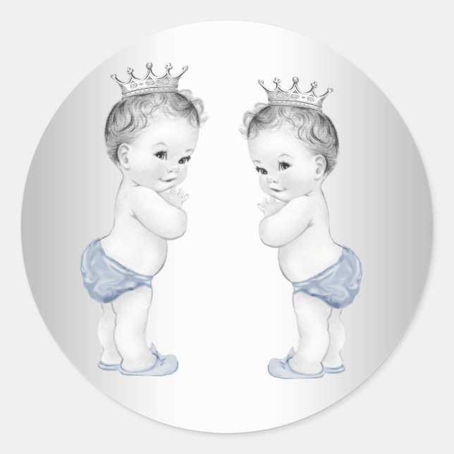 Twin Boys Blue Prince Baby Shower Stickers (Front)