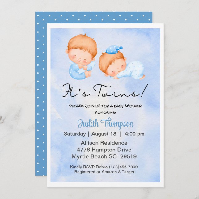 Twin boys Blue Sky Clouds baby shower invitation (Front/Back)