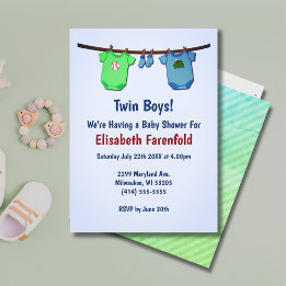 Twin Boys Close Line Blue & Green Baby Shower Invitation