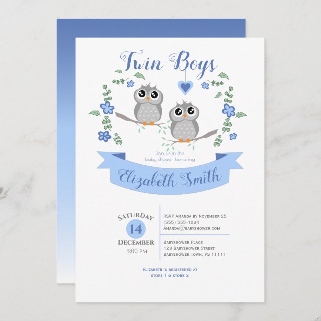 Twin Boys Cute owls babyshower Invitation (Front/Back)
