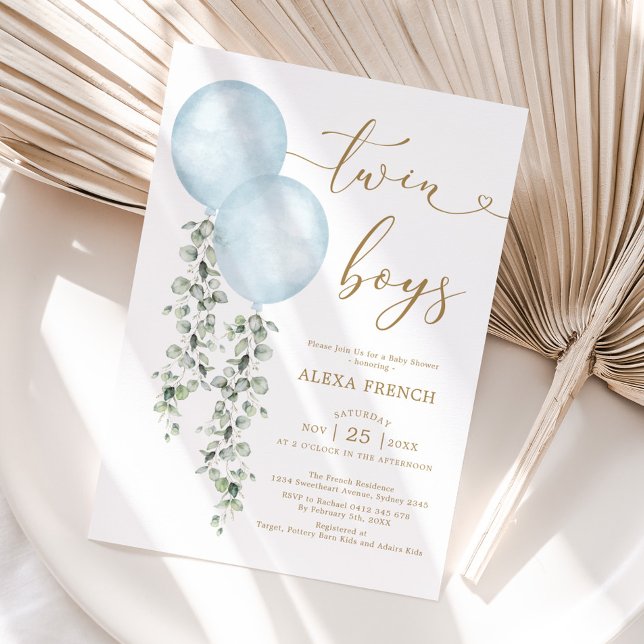 Twin Boys Dusty Blue Balloon Greenery Baby Shower Invitation (Creator Uploaded)
