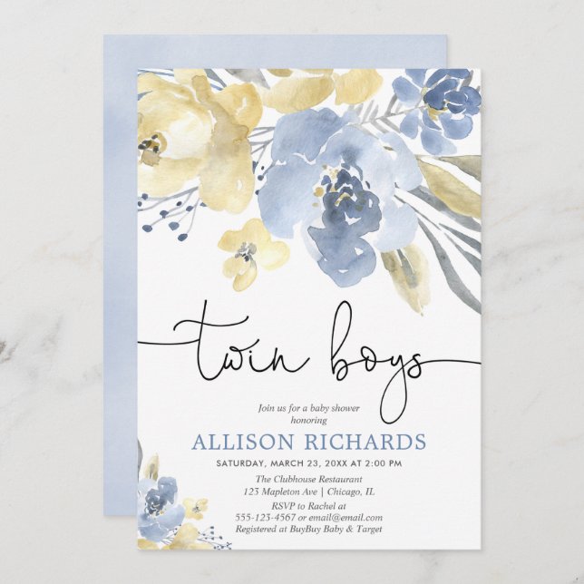 Twin boys Dusty blue yellow floral baby shower Invitation (Front/Back)