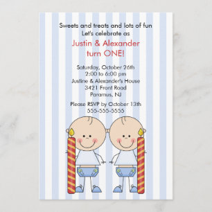 Twin Boys First Birthday Invitation