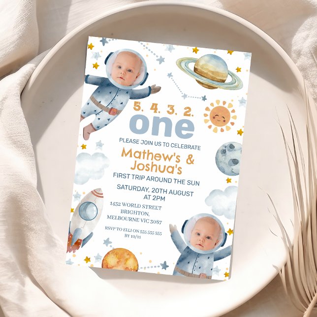 Twin Boys First Trip Around the Sun 1st Birthday Invitation (twin Boys First Trip Around the Sun 1st Birthday Invitation, Joint Outer Space First Birthday Invite)