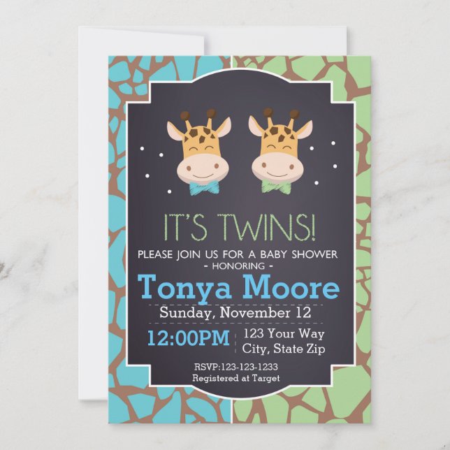 Twin Boys Giraffe Baby Shower Invitation (Front)