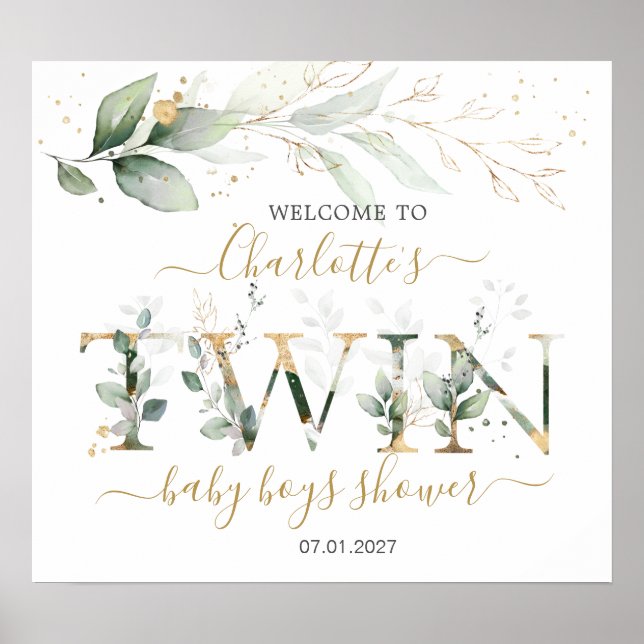 Twin Boys Green Foliage Welcome Baby shower sign (Front)
