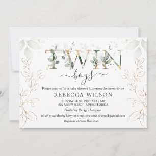 Twin Boys Green & Gold Foliage Baby Shower Invitation