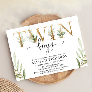 Twin boys greenery modern baby shower invitation
