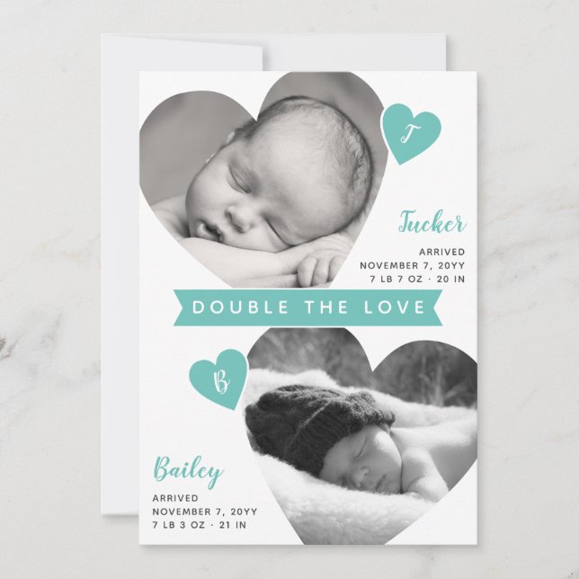 Twin Boys Heart Frames Teal Photo Collage Birth Announcement (Front)
