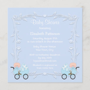 Twin Boys in Carriages Blue Baby Shower Invitation