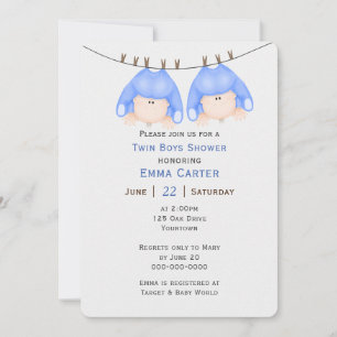 Twin Boys On Clothesline Baby Shower Invitation