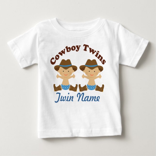 Twin Boys Personalised Cowboy Baby T-shirt (Front)
