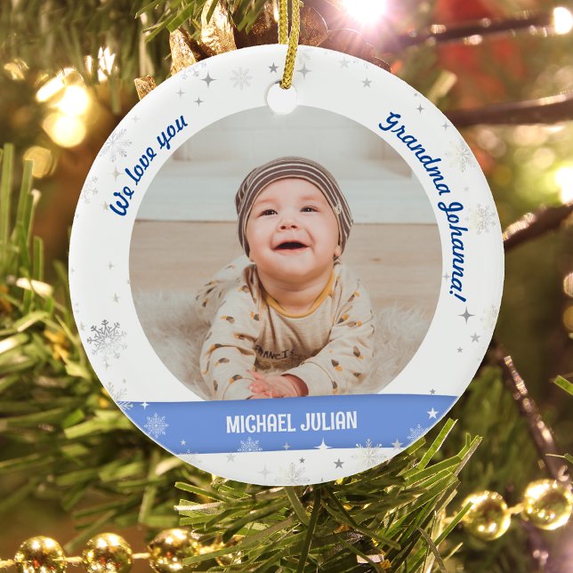 Twin Boys Photos Grandma Cute First Christmas Baby Ceramic Ornament (Modern, Cute, Elegant We love you, Grandma! First Christmas Twin Baby Boys. 2 Photos. Snowflakes)