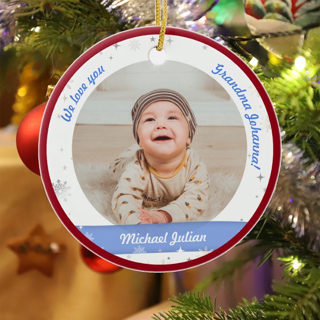 Twin Boys Photos Grandma Cute First Christmas Baby Ceramic Ornament (Modern Elegant Cute First Christmas Baby Twins Boys We love you Grandma Snowflakes Stars Red Frame)