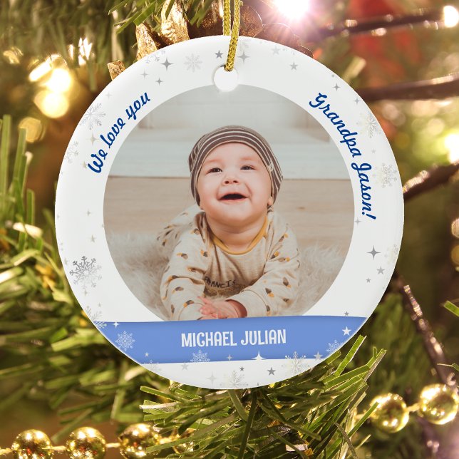 Twin Boys Photos Grandpa Cute First Christmas Baby Ceramic Ornament (Modern Cute Elegant We love you, Grandpa! First Christmas Twin Baby Boys. 2 Photos. Snowflakes)