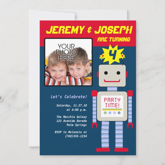 Twin Boys, Robot Birthday Invitation (Front)