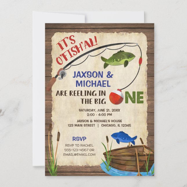 Twin boys Rustic fishing 1st birthday boy Invitation (Front)