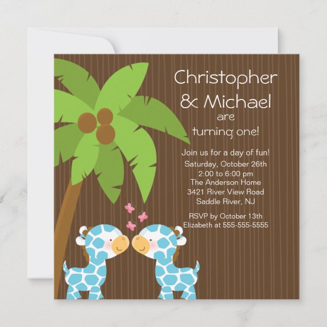 Twin Boys Safari Jungle Giraffe Kid Birthday Invitation (Front)