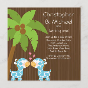 Twin Boys Safari Jungle Giraffe Kid Birthday Invitation