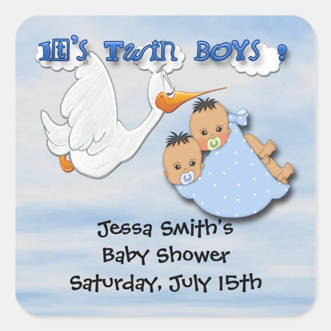 Twin Boys - Stork Baby Shower Favour stickers (Front)
