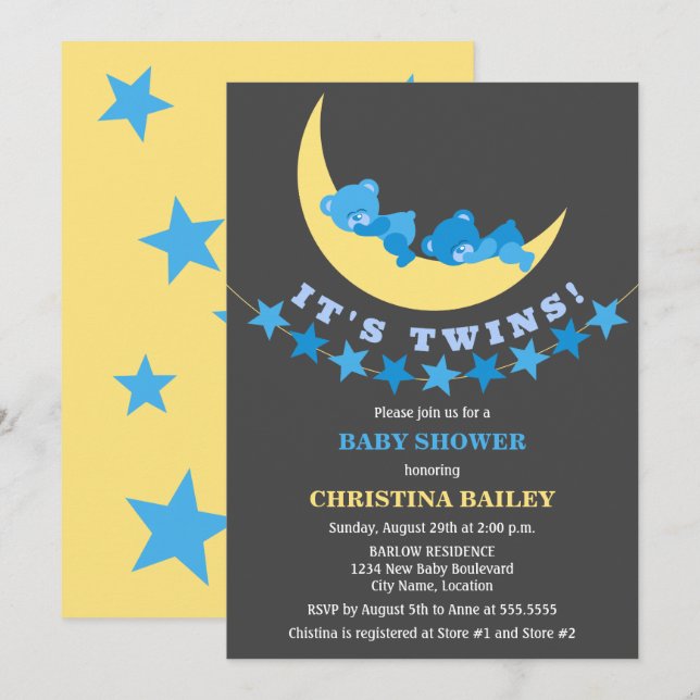 Twin Boys Teddy Bear Baby Shower Invitation (Front/Back)