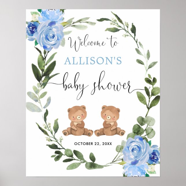 Twin boys teddy bear baby shower welcome sign (Front)