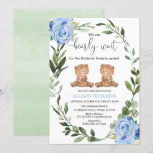 Twin boys teddy bear green blue floral baby shower invitation
