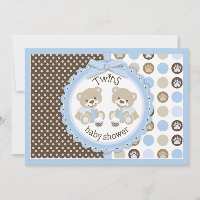 Twin Boys Teddy Bears Ties Baby Shower Invitation (Front)
