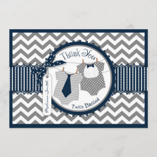 Twin Boys Tie Bow Tie Chevron Print Thank You Card