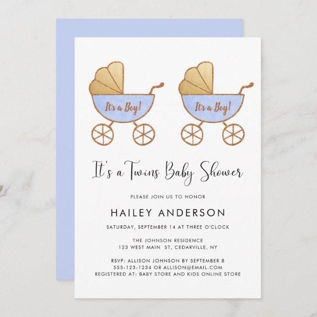 Twin Boys Watercolor Carriage Baby Shower Invitation (Front/Back)