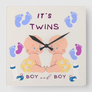 Twin brothers baby square wall clock