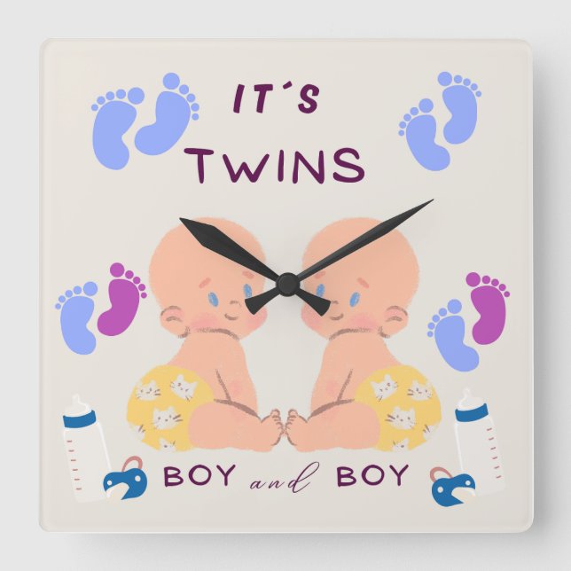Twin brothers baby square wall clock (Front)