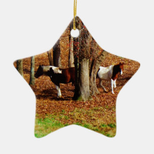 Twin Brown and White Horses Ceramic Ornament