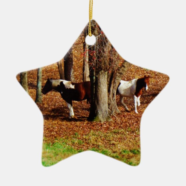 Twin Brown and White Horses Ceramic Ornament (Front)