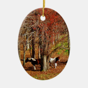 Twin Brown and White Horses Ceramic Ornament