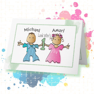 Twin Brown Girl and Boy Personalised 1st Birthday Card