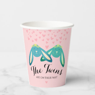 Twin Bunnies Baby Shower On Pastel Pink Party Paper Cups