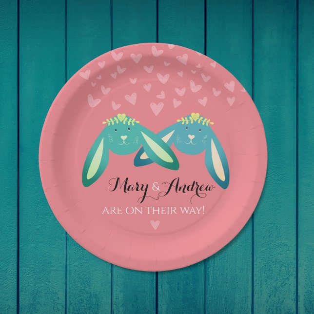 Twin Bunnies Baby Shower On Pastel Pink Party Paper Plate (Creator Uploaded)