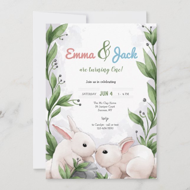Twin Bunnies Birthday Party Invitation (Front)