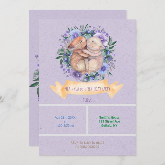 Twin Bunnies Purple Floral Birthday Party Invites (Front/Back)